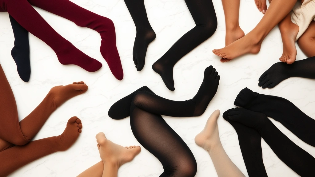 Flat lay collection of diverse tights in various colors including burgundy, navy, black, and neutral shades arranged artfully on marble surface, luxury hosiery display