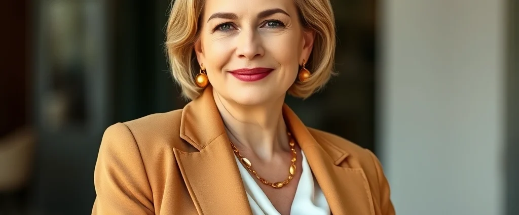 Elegant mature woman wearing tailored camel blazer over white silk blouse with gold jewelry, sophisticated neutral outfit, natural lighting, professional confidence