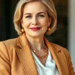 Elegant mature woman wearing tailored camel blazer over white silk blouse with gold jewelry, sophisticated neutral outfit, natural lighting, professional confidence