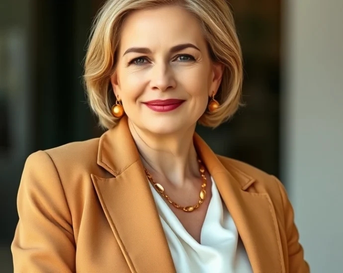 Elegant mature woman wearing tailored camel blazer over white silk blouse with gold jewelry, sophisticated neutral outfit, natural lighting, professional confidence
