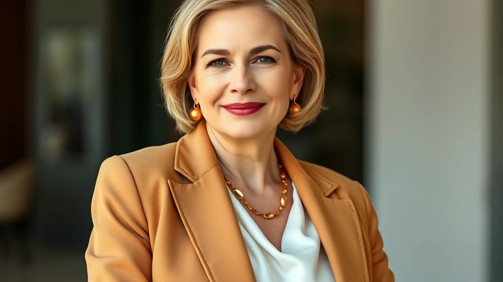 Elegant mature woman wearing tailored camel blazer over white silk blouse with gold jewelry, sophisticated neutral outfit, natural lighting, professional confidence