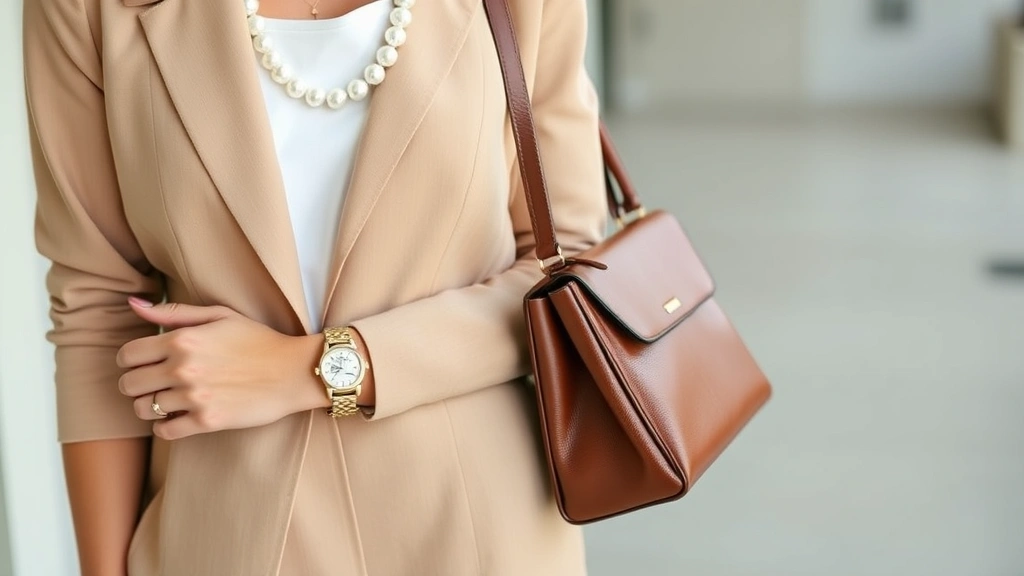 Sophisticated woman styling outfit with statement accessories: pearl necklace, quality watch, structured leather bag, classic heels, neutral wardrobe foundation