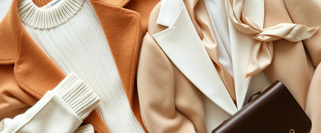 Overhead flat lay of luxury neutral clothing items: cream cashmere sweater, camel wool coat, tailored white blazer, classic silk scarf, and minimal gold jewelry arranged on white marble surface