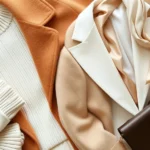 Overhead flat lay of luxury neutral clothing items: cream cashmere sweater, camel wool coat, tailored white blazer, classic silk scarf, and minimal gold jewelry arranged on white marble surface
