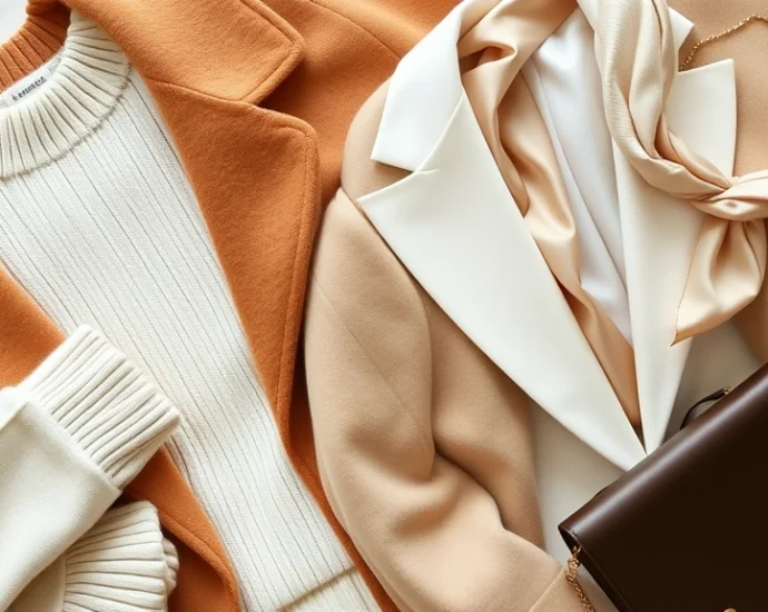 Overhead flat lay of luxury neutral clothing items: cream cashmere sweater, camel wool coat, tailored white blazer, classic silk scarf, and minimal gold jewelry arranged on white marble surface