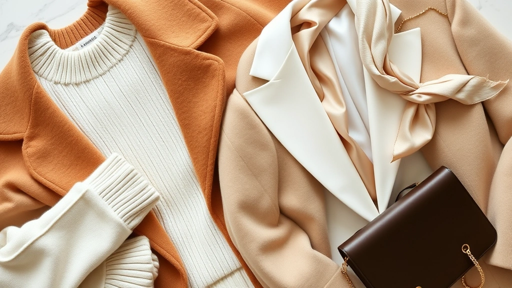 Overhead flat lay of luxury neutral clothing items: cream cashmere sweater, camel wool coat, tailored white blazer, classic silk scarf, and minimal gold jewelry arranged on white marble surface