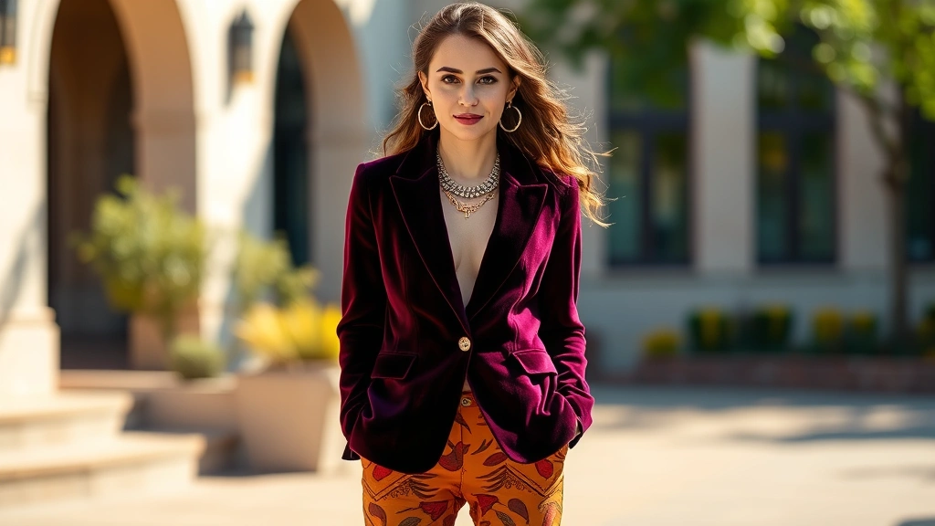 Young woman wearing bold clashing pattern outfit: saturated jewel-tone velvet blazer mixed with earthy terracotta printed pants, layered with gold and silver statement jewelry, standing in natural sunlight with confident expression