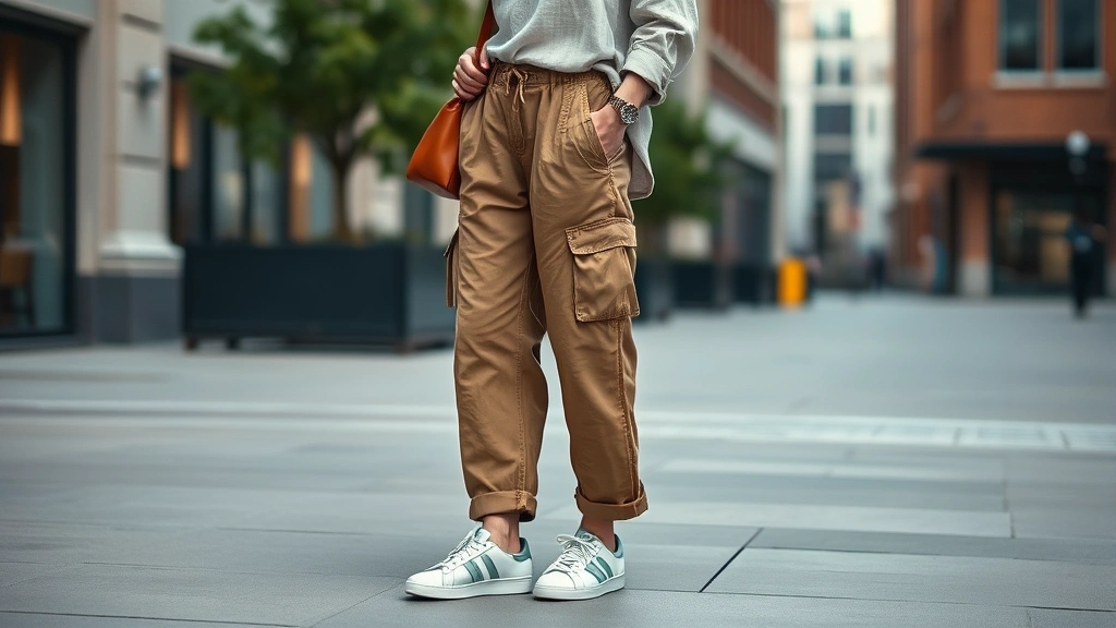 Sustainable fashion styling: woman wearing vintage low-rise cargo pants with modern oversized linen shirt, thrifted leather bag, and contemporary sneakers, photographed in urban setting showcasing personal style authenticity