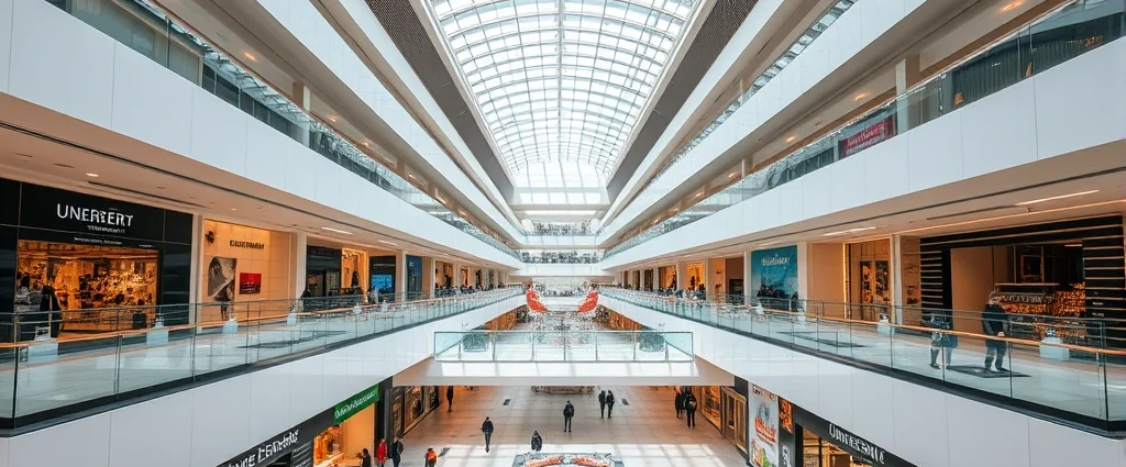 Aerial view of modern shopping mall with multiple levels, skylights, and elegant architectural design featuring polished floors and contemporary retail storefronts with shoppers walking between stores