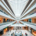Aerial view of modern shopping mall with multiple levels, skylights, and elegant architectural design featuring polished floors and contemporary retail storefronts with shoppers walking between stores