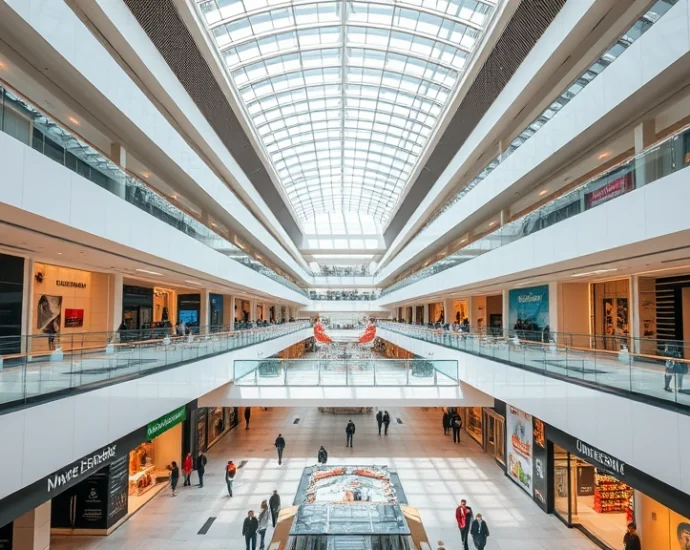 Aerial view of modern shopping mall with multiple levels, skylights, and elegant architectural design featuring polished floors and contemporary retail storefronts with shoppers walking between stores