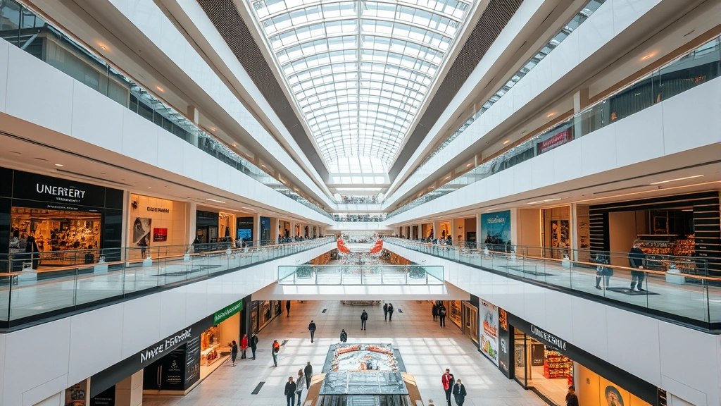 Aerial view of modern shopping mall with multiple levels, skylights, and elegant architectural design featuring polished floors and contemporary retail storefronts with shoppers walking between stores