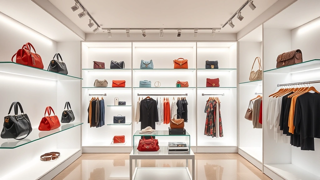 Luxury fashion boutique interior showcase displaying designer handbags, accessories, and clothing on elegant white shelving with professional lighting and minimalist aesthetic