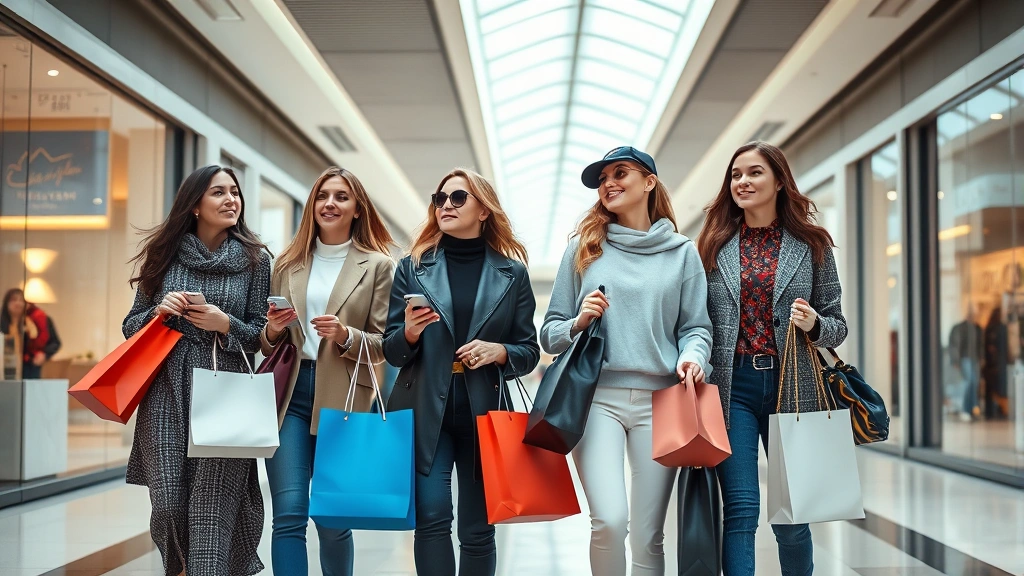 Group of stylish women shopping together in modern mall corridor, holding designer shopping bags, wearing trendy outfits, natural lighting from skylights, fashion-forward styling