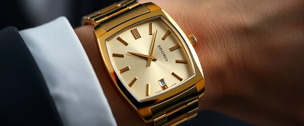 Luxury gold and stainless steel dress watch with elegant rectangular face on polished wrist, minimalist dial, professional photography, natural lighting, close-up detail shot