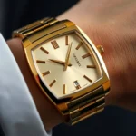 Luxury gold and stainless steel dress watch with elegant rectangular face on polished wrist, minimalist dial, professional photography, natural lighting, close-up detail shot