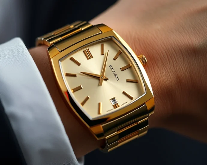 Luxury gold and stainless steel dress watch with elegant rectangular face on polished wrist, minimalist dial, professional photography, natural lighting, close-up detail shot