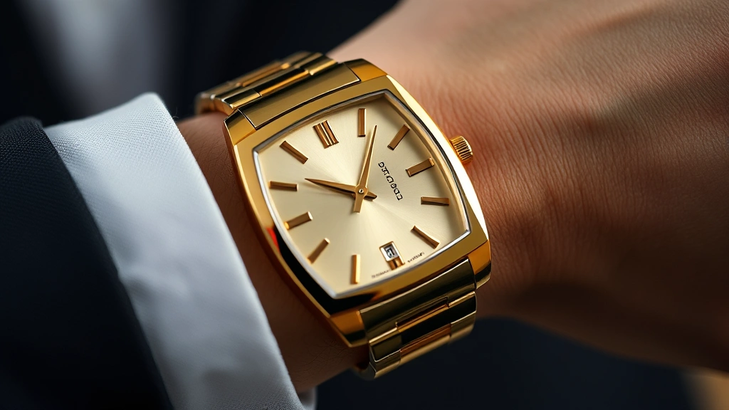 Luxury gold and stainless steel dress watch with elegant rectangular face on polished wrist, minimalist dial, professional photography, natural lighting, close-up detail shot