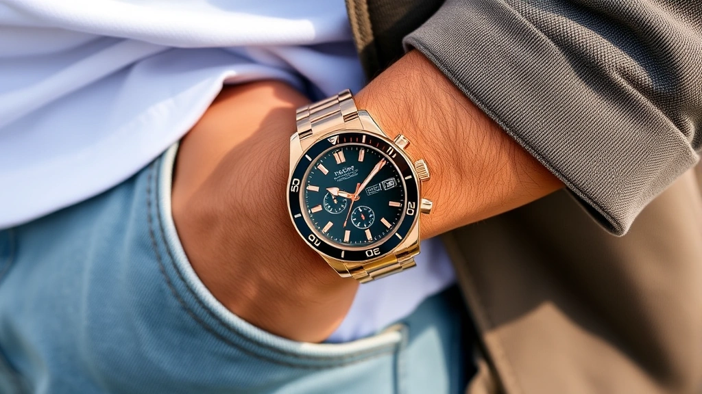 Fashion-forward sports watch in rose gold with ceramic bezel worn on wrist styled with casual luxury outfit, natural outdoor lighting, lifestyle photography showing accessory coordination