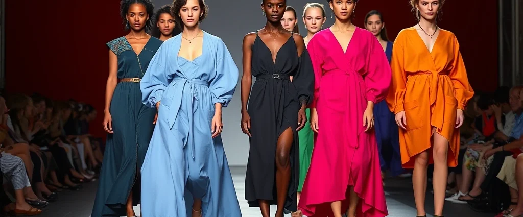 Diverse models wearing bold Spring/Summer 2025 runway designs with saturated colors and oversized silhouettes on London fashion week stage, professional lighting, diverse body types and ethnicities