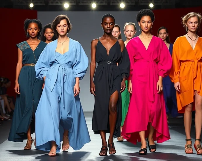 Diverse models wearing bold Spring/Summer 2025 runway designs with saturated colors and oversized silhouettes on London fashion week stage, professional lighting, diverse body types and ethnicities