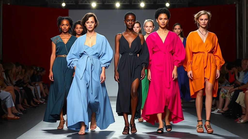 Diverse models wearing bold Spring/Summer 2025 runway designs with saturated colors and oversized silhouettes on London fashion week stage, professional lighting, diverse body types and ethnicities