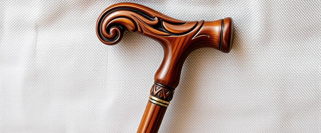 Elegant wooden cane with ornate carved handle in warm mahogany tones, resting against soft neutral linen fabric, showing fine craftsmanship details and natural wood grain patterns