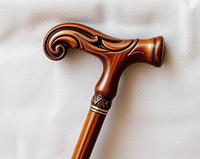 Elegant wooden cane with ornate carved handle in warm mahogany tones, resting against soft neutral linen fabric, showing fine craftsmanship details and natural wood grain patterns
