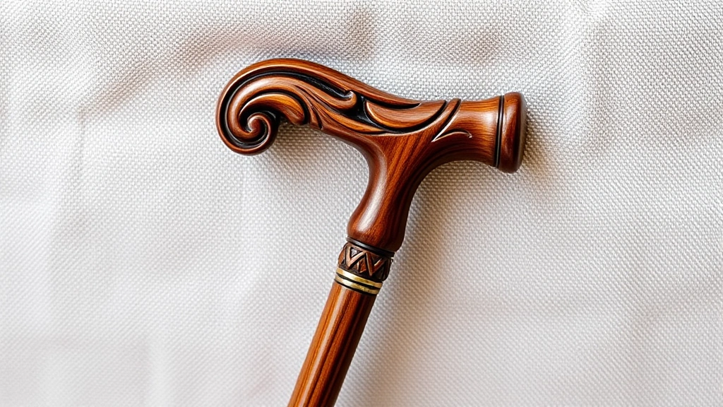 Elegant wooden cane with ornate carved handle in warm mahogany tones, resting against soft neutral linen fabric, showing fine craftsmanship details and natural wood grain patterns