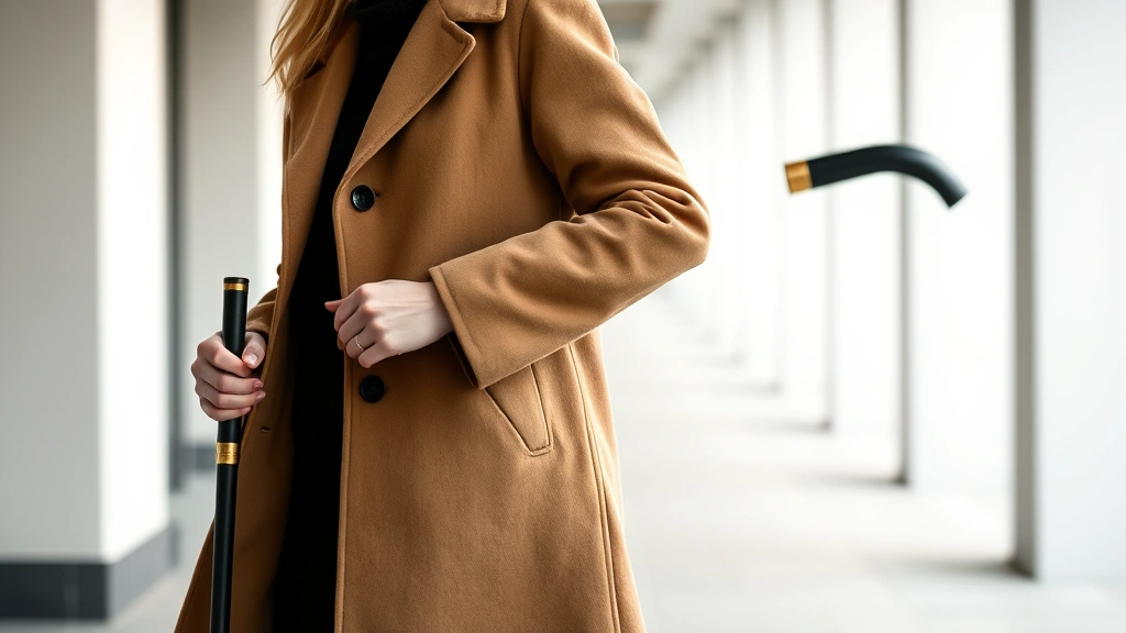 Fashion-forward person wearing tailored camel coat holding sleek black lacquered walking stick with brass accents, photographed in minimalist urban setting with soft natural lighting