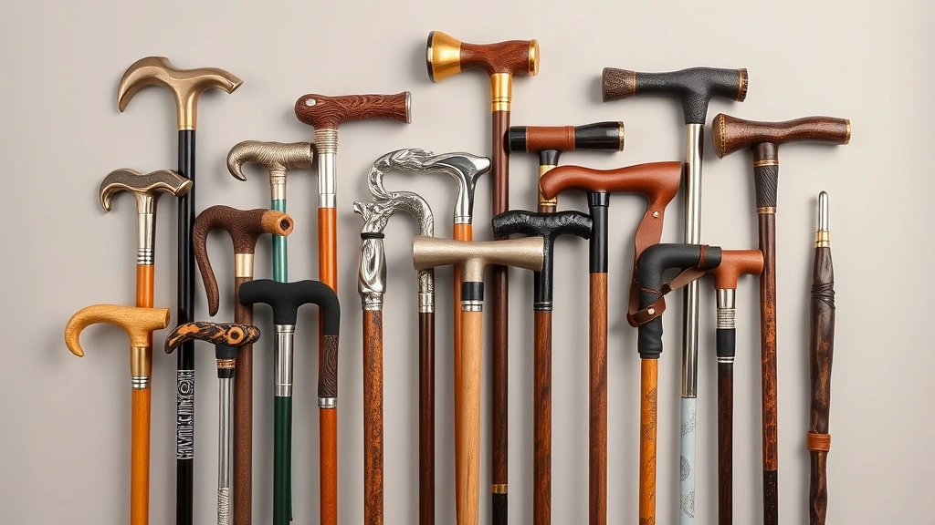 Collection of diverse fashionable canes displayed artistically featuring various materials including polished metals, colorful acrylic, exotic woods, and leather-wrapped handles arranged on neutral background