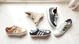 Flat lay of five premium designer sneakers arranged artfully on white marble surface, showcasing different silhouettes and materials including leather, suede, and canvas in neutral and bold colorways, natural window lighting