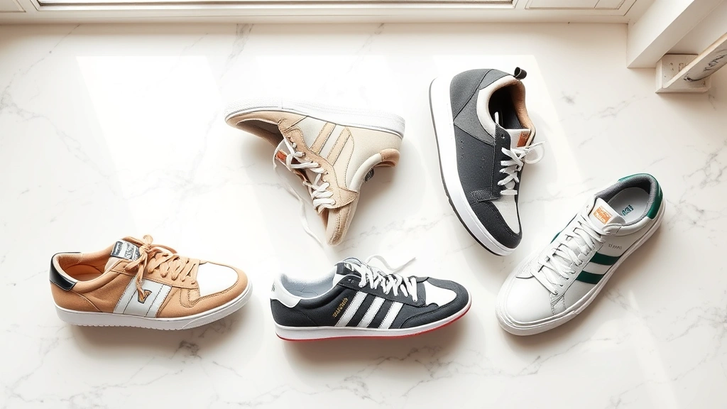 Flat lay of five premium designer sneakers arranged artfully on white marble surface, showcasing different silhouettes and materials including leather, suede, and canvas in neutral and bold colorways, natural window lighting
