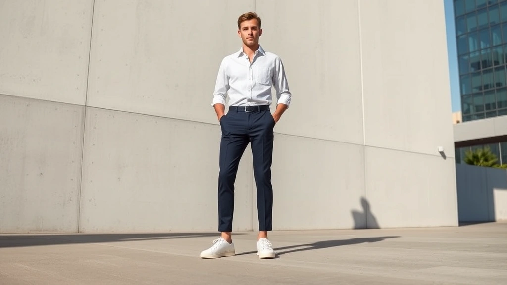 Male model wearing crisp white designer sneakers with tailored navy trousers and white linen shirt standing against minimalist urban backdrop, natural sunlight creating soft shadows, emphasizing sophisticated casual styling