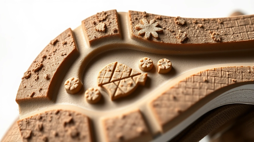 Close-up detail shot of sustainable sneaker sole showing recycled materials and innovative construction, earth-tone colors, textured surfaces, professional studio lighting highlighting craftsmanship and material quality