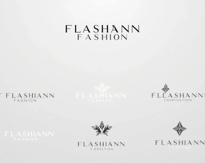 Luxury fashion brand logo evolution display showing minimalist geometric designs in black and white monochromatic color scheme, professional typography, modern sophistication, high-end aesthetic, clean visual hierarchy, fashion-forward styling