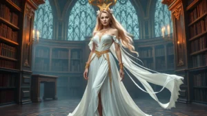 Glamorous fantasy character wearing elegant white flowing gown with gold accessories, standing in mystical library setting with soft magical lighting, showcasing refined fashion coordination