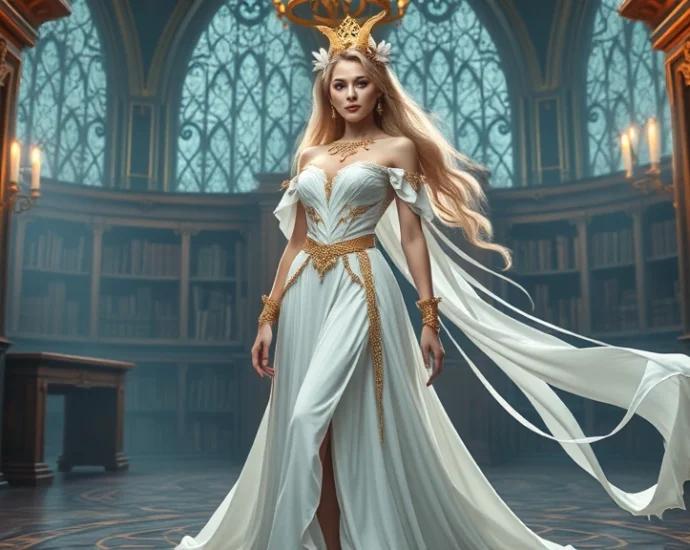 Glamorous fantasy character wearing elegant white flowing gown with gold accessories, standing in mystical library setting with soft magical lighting, showcasing refined fashion coordination