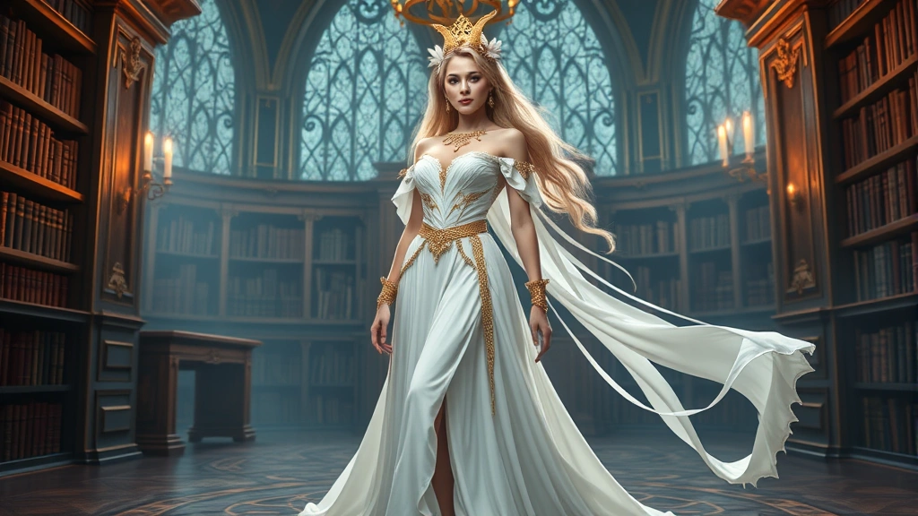 Glamorous fantasy character wearing elegant white flowing gown with gold accessories, standing in mystical library setting with soft magical lighting, showcasing refined fashion coordination