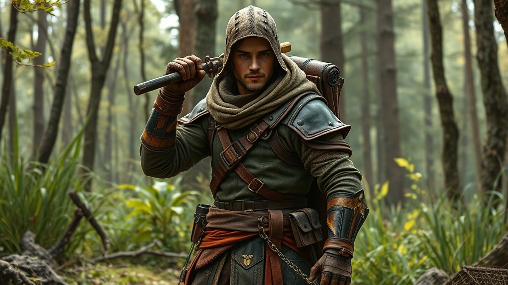 Adventurer character dressed in layered tactical outfit with coordinated leather armor, brass metallics, and practical accessories, posed dynamically in fantasy forest environment