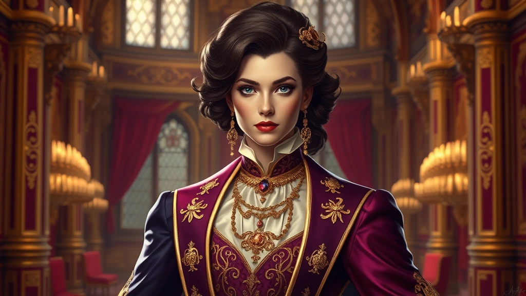 Luxurious noble character wearing rich jewel-toned formal attire with ornate gold details, precious-looking accessories, and sophisticated styling in grand castle hall setting