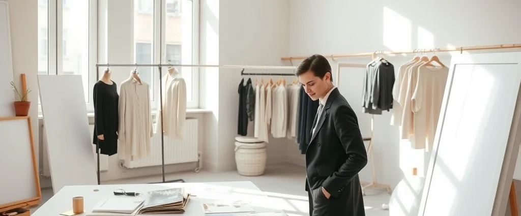 Parisian fashion designer in minimalist studio workspace, surrounded by fabric swatches and design sketches, natural light streaming through tall windows, sophisticated neutral color palette