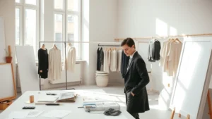 Parisian fashion designer in minimalist studio workspace, surrounded by fabric swatches and design sketches, natural light streaming through tall windows, sophisticated neutral color palette