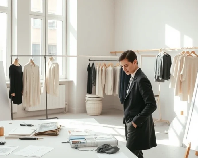 Parisian fashion designer in minimalist studio workspace, surrounded by fabric swatches and design sketches, natural light streaming through tall windows, sophisticated neutral color palette