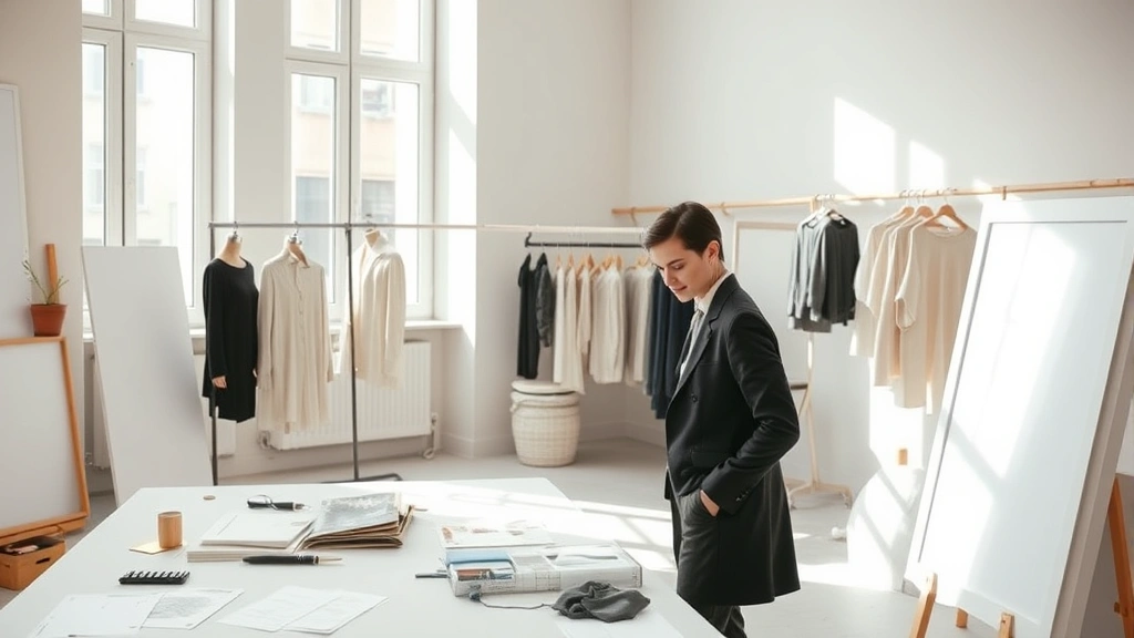 Parisian fashion designer in minimalist studio workspace, surrounded by fabric swatches and design sketches, natural light streaming through tall windows, sophisticated neutral color palette