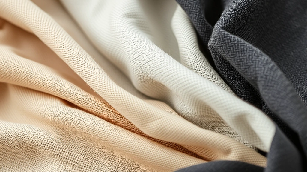 Close-up of luxury fabric textures and sustainable materials, organic cotton and recycled synthetics arranged artfully, showing craftsmanship and quality detail