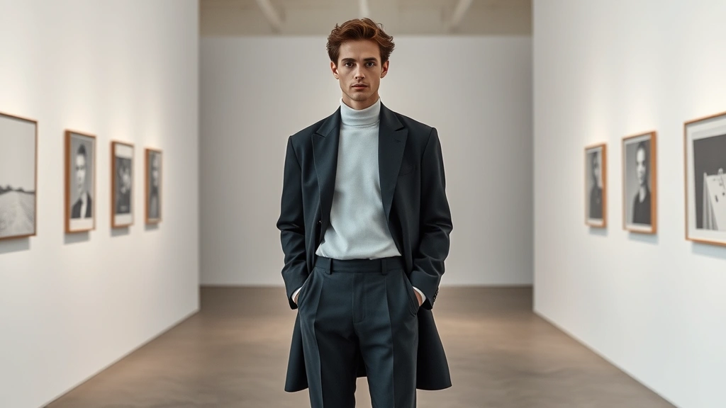 Modern French fashion model wearing contemporary minimalist clothing, standing in minimalist gallery space, clean lines and neutral tones, sophisticated editorial styling