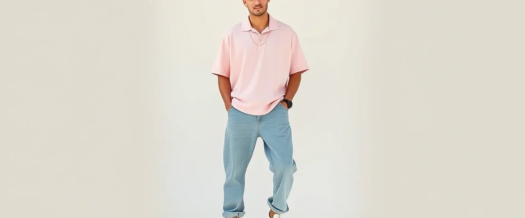 Young man wearing oversized pastel pink Polo shirt, relaxed fit baggy jeans, pristine white leather low-top sneakers, gold chain necklace, confident pose against neutral background, natural lighting, lifestyle photography