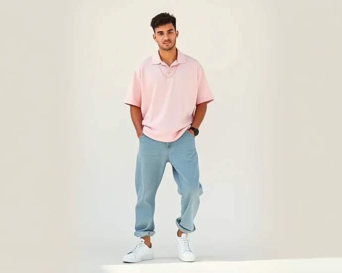 Young man wearing oversized pastel pink Polo shirt, relaxed fit baggy jeans, pristine white leather low-top sneakers, gold chain necklace, confident pose against neutral background, natural lighting, lifestyle photography