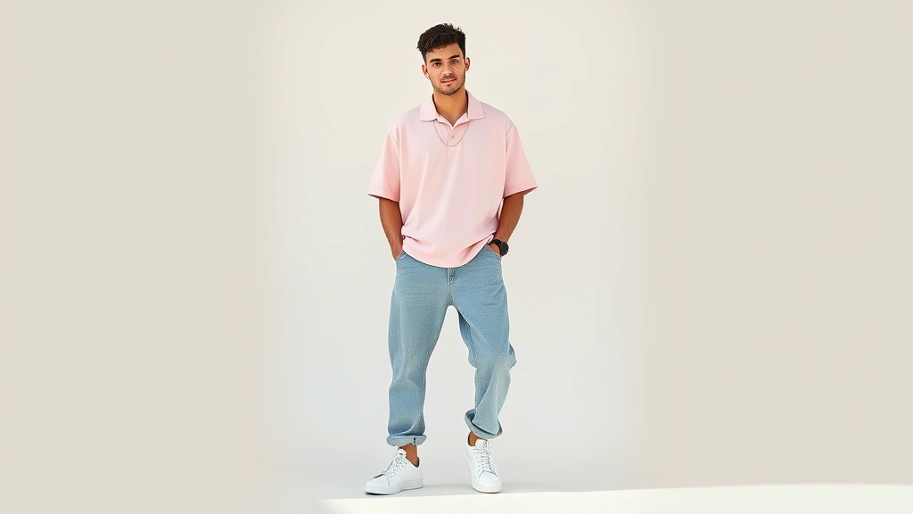 Young man wearing oversized pastel pink Polo shirt, relaxed fit baggy jeans, pristine white leather low-top sneakers, gold chain necklace, confident pose against neutral background, natural lighting, lifestyle photography